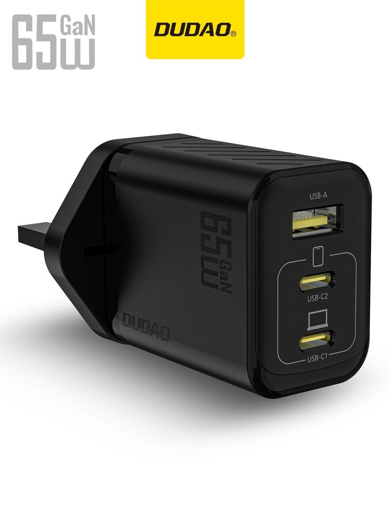 DUDAO 65W GaN 3-Port Super Fast Charger, Compact Laptop Charger Type C Wall Charger, USB + 2*Type-C Power Adapter, 9-Layer Safety Protection, Smart Temperature Control, Compatible with All Phone Models, Tablets, Laptops, Watches - Image 1